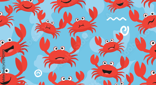 A vibrant and playful seamless pattern of cartoon red crabs on a bright blue background with water elements.