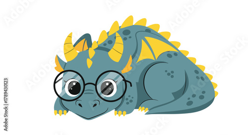 Cute cartoon dragon with round glasses lying down on a white background.