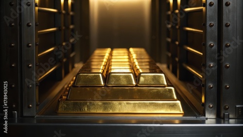 Golden bars are neatly stacked inside a secure vault, illuminated by soft lighting, showcasing a wealth storage environment.