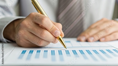 A business professional analyzes data with a pen, focusing on statistical charts and graphs on a document.