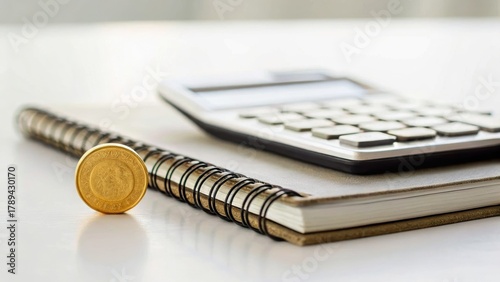 A calculator and notebook are placed on a desk with a coin, symbolizing finance and budgeting.