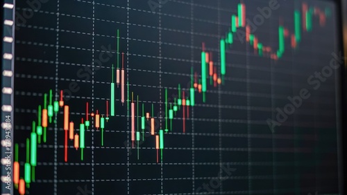 Stock market chart displaying upward trend with candlestick patterns on a dark background.