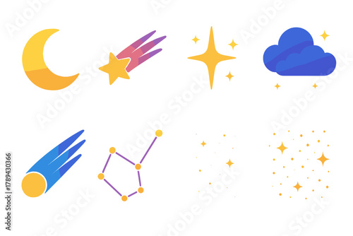 Minimal Night Sky Icons. Night Sky Set flat icons: crescent moon, shooting star, twinkling stars, glowing cloud, comet trail, constellation, dark sky gradient, sparkle dust