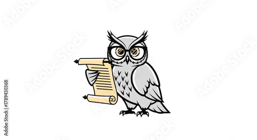 A wise grey owl wearing glasses holds a rolled-up scroll or manuscript in its talons.