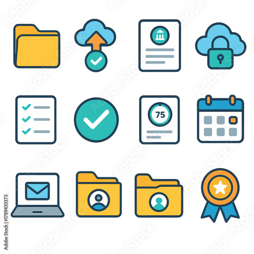 Academic Tools Icons. Professional Homework Submission flat icons: structured folder, verified upload arrow, corporate document, secure cloud icon, enterprise checklist, compliance