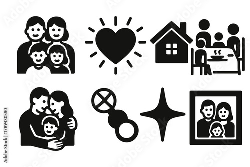 Family Icons Set. Happy Family Icons silhouette icon set: parents with kids, heart glow, house, dinner table, family hug, baby toy, star sparkle, photo frame