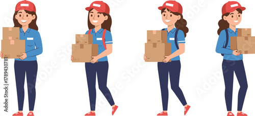 Cartoon, delivery, courier, boxes, character, logistics, service, motion, backpack, red cap, blue shirt, vector, illustration, worker, shipping, express, transport, job, package, movement