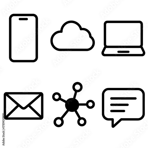 Digital Communication Icons. Digital communication linear icon set: smartphone, cloud, laptop, email envelope, connected nodes, message icon.