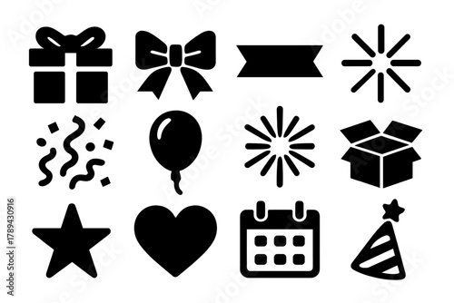 Brutalist Celebration Icons. Gift Surprise silhouette icon set: wrapped present, bow, ribbon, spark burst, confetti, balloon, fireworks, open box, star, heart, calendar,