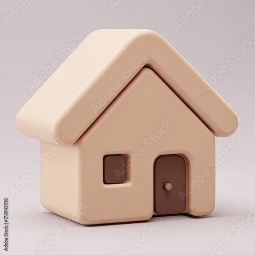 Minimalist 3D beige house icon with brown door and windows on neutral background, simple geometric design, modern home symbol