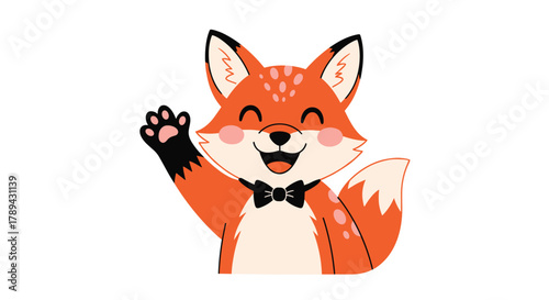 Cartoon fox wearing a bow tie waves hello with a paw.
