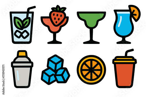 Bold Cocktail Icons. Colorful Cocktails Symbols silhouette icon set: mojito glass, strawberry daiquiri, margarita, blue lagoon, shaker, ice cubes, orange slice, straw cup