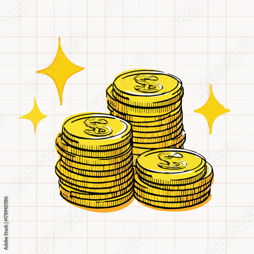 Stacks of gold coins with sparkling stars, a visual representation of wealth and financial success, symbolizing prosperity and abundance