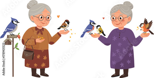 Cartoon, elderly, women, bird, feeding, nature, outdoor, character, kindness, animals, plants, vector, illustration, peaceful, care, garden, smile, interaction, senior, wildlife