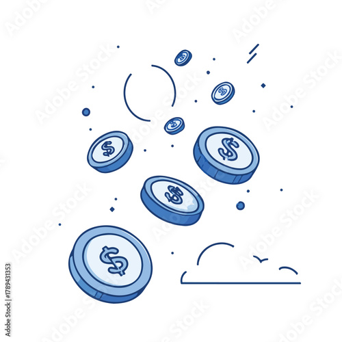 Blue coins falling from the sky symbolizing financial gain and luck