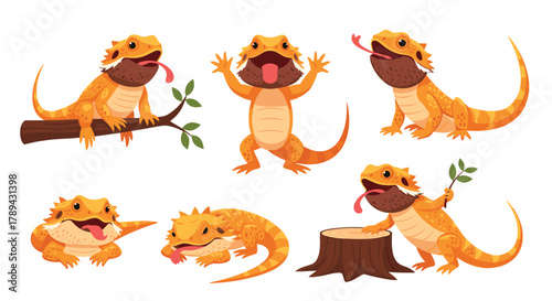 Collection of cartoon bearded dragons in various playful poses against a white background.
