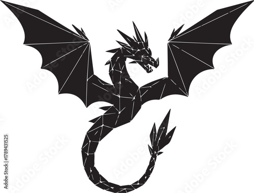 Black silhouette of a dragon with spread wings on a white background