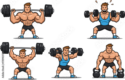 Cartoon, man, weightlifting, exercise, gym, fitness, strength, barbell, dumbbell, kettlebell, pose, muscle, vector, illustration, workout, training, activity, power, sport, sweat