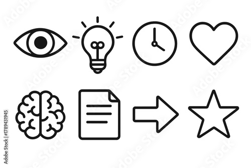 Mind Focus Icons. Mind Focus Icons linear icon set: eye, light bulb, clock, heart, brain, paper, arrow, star.
