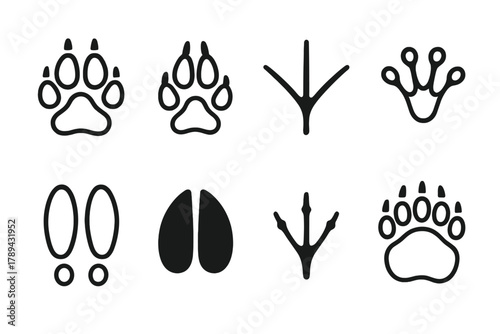 Wildlife Tracks Icons. Wildlife Tracks Set linear icon set: wolf paw, fox track, bird claw, frog print, rabbit track, boar hoof, lizard footprint, bear paw.