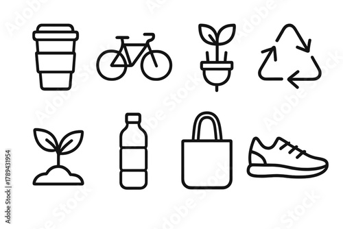 Eco-Friendly Icons. Eco Habits linear icon set: reusable cup, bicycle icon, eco plug, recycling arrows, plant sprout, water bottle, tote bag, sustainable shoe.