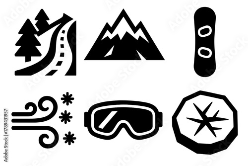 Winter Sports Icons. Mountain Snowfall silhouette icon set: ski slope, mountain peak, snowboard, cold breeze, goggles, frozen lake.