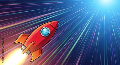 Fototapeta Naklejka Na Ścianę i Meble -  Cartoon rocket ship launching into space with colorful light streaks