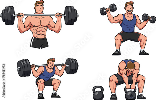 Cartoon, man, weightlifting, exercise, gym, fitness, strength, barbell, dumbbell, kettlebell, squat, muscle, vector, illustration, workout, training, activity, power, pose, sweat