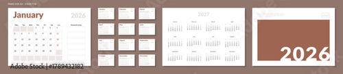 2026 Calendar Planner Set of Template grid Monthly Page with Note, Cover with Place for Photo, Company Logo, Annual 2027. Vector layout of wall or desk calend with week start Monday in print. Pages A4