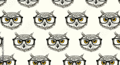 Seamless pattern of hand-drawn owls wearing glasses on a cream background.