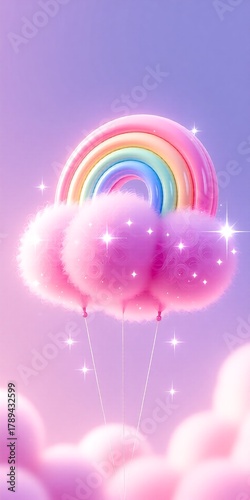 A whimsical, pastel rainbow floats atop fluffy pink clouds, tethered by delicate strings against a dreamy purple sky dotted with twinkling stars and soft glowsperfectly magical and serene.