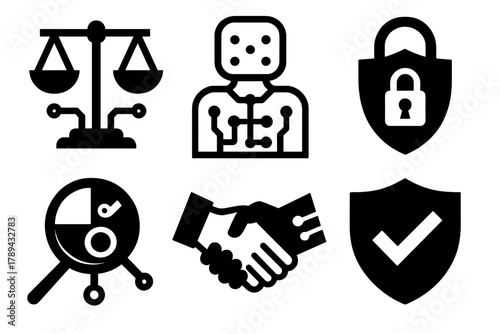 Ethical AI Icons. Ethical AI silhouette icon set: balance scale with circuit, transparent AI model, data privacy lock, bias detection symbol, human-AI handshake, trust shield.