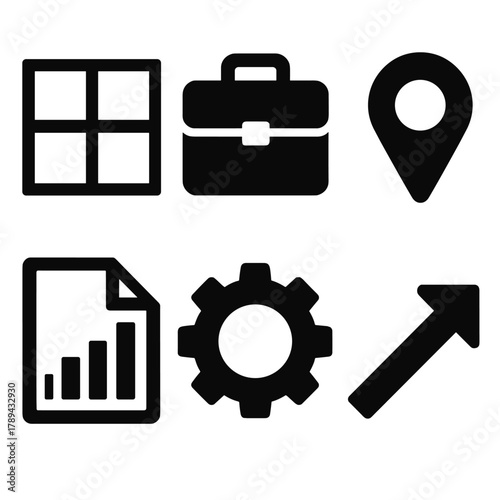 Brutalist Sales Icons. Sales region management silhouette icon set: map grid, briefcase, pin icon, chart document, gear, upward arrow.