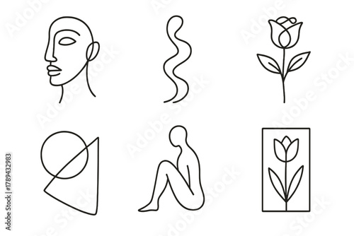 Minimal Line Art Icons. Minimal Line Art linear icon set: single stroke face, abstract contour, continuous line, floral outline, geometric shape, minimalist figure.