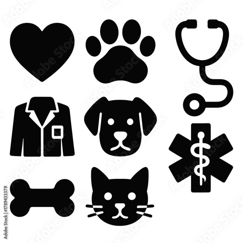 Bold Animal Care Icons. Animal Care Set silhouette icon set: heart, paw print, vet coat, stethoscope, bone, cat, dog, medical sign.
