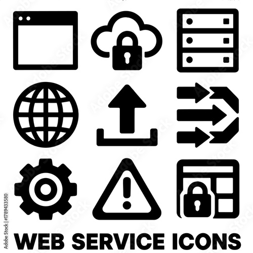 Brutalist Web Icons Set. Web Services silhouette icon set: browser window, cloud symbol, secure folder, server rack, network globe, upload arrow, data flow, firewall grid, gear