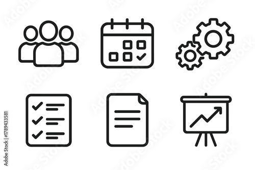 Collaborative Workflow Icons. Team coordination linear icon set: group of people, calendar, gears, checklist, document, chart board.