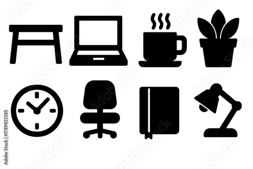 Brutalist Coworking Icons. Coworking Essentials silhouette icon set: desk, laptop, coffee cup, plant, clock, chair, notebook, lamp.