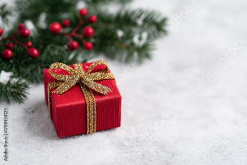 Red gift box with a sparkling gold ribbon isolated on white snow, featuring festive fir branches and red berries
