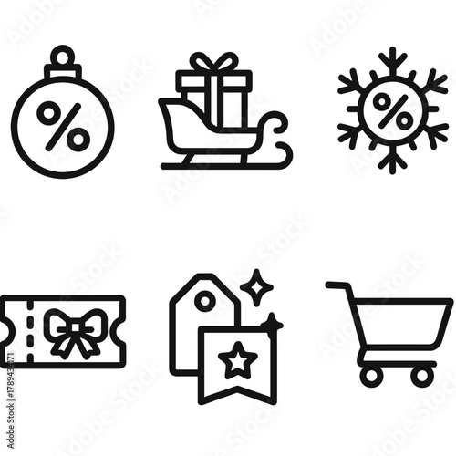 Festive E-Commerce Icons. Festive E-Commerce Icons linear icon set: ornament discount label, sleigh delivery icon, digital gift card, snowflake sale badge, ribbon coupon, price tag