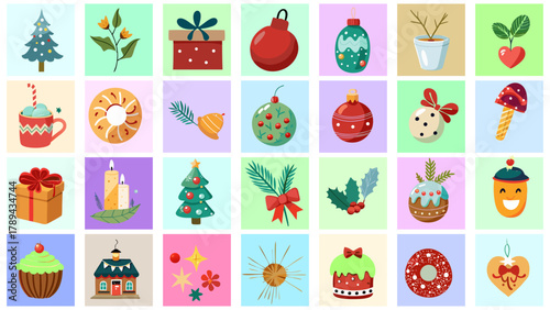 Set of holiday Christmas decorative ornaments like gifts and balls in cartoon style vector illustration. 
