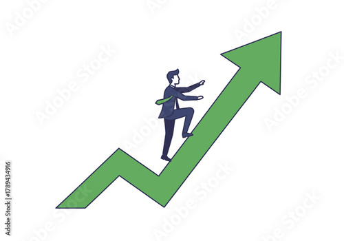Stylized businessman in a blue suit and green tie actively climbing a vibrant green upward arrow.