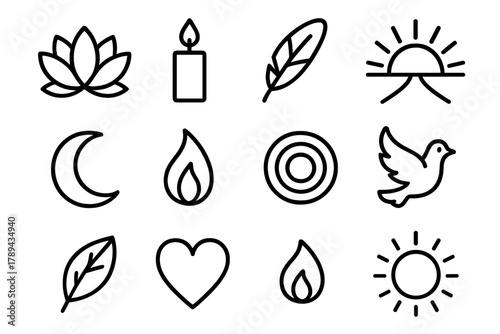 Spiritual Symbols Collection. Spiritual Journey linear icon set: lotus, candle, feather, sunrise, path line, moon, flame, water ripple, dove, leaf, heart, aura ring. , .