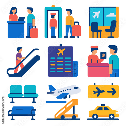 Airport Icons Set. Airport Routine flat icons: check-in counter, security scanner, baggage scale, boarding gate, escalator, flight information board, luggage trolley, passport