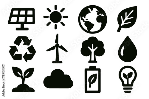 Bold Eco Icons. Environmental Solar Farm silhouette icon set: solar panel, sun, globe, leaf, recycling symbol, wind turbine, tree, water droplet, plant, cloud, eco battery, light