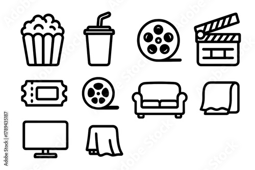 Movie Night Icons. Movie Night Essentials linear icon set: popcorn, soda cup, ticket, film reel, clapperboard, TV, couch, blanket.