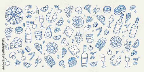 Collection of hand drawn food and drink illustrations in blue outline on a light background