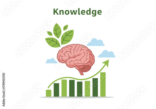 Conceptual illustration of knowledge growth with a brain leaves and an upward trending bar chart.