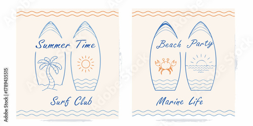 Two surfboards with summer beach themes and text for surf club and marine life events