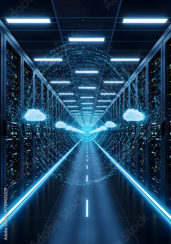 Futuristic Data Center Network Highway With Clouds and Digital Connections